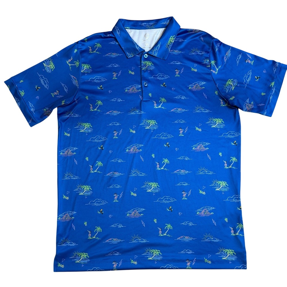 Caddy Daddy Mens Blue Tropical Volcano Hula Dancer Golf Performance Polo Shirt M